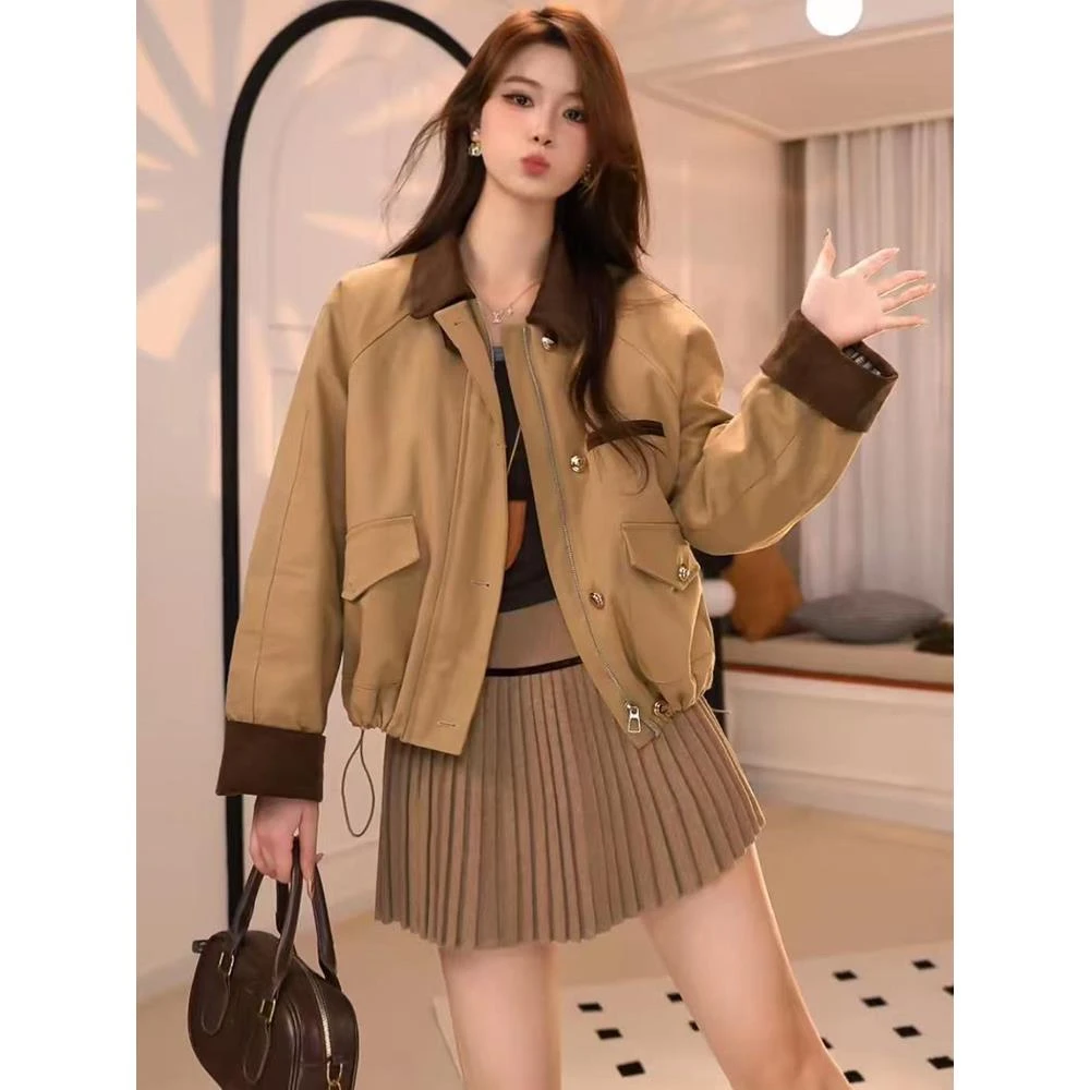 欧货露丝同款翻领撞色加棉短外套女秋冬新款宽松显瘦百搭夹克上衣