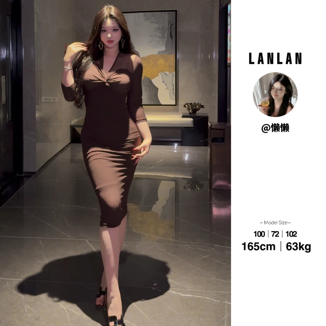 Lanlan-【落日剪影】性感中长裙v领网纱收腰显瘦褶皱包臀裙时尚