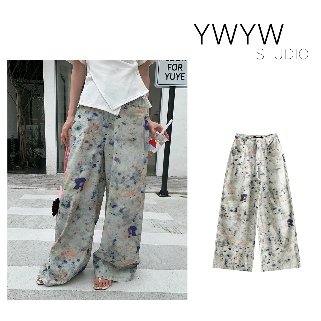 【YWYW25S/S】夏季设计感水洗印花泼墨脏脏阔腿直筒牛仔裤5223