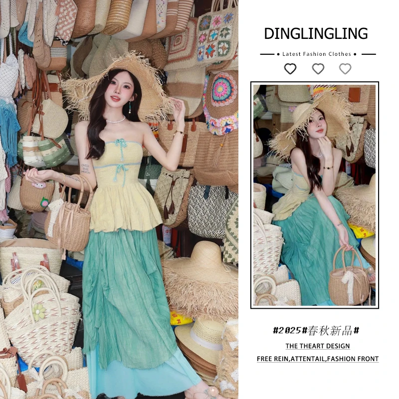 2025年秋冬新款韩穿搭套装女设计感舒适系带抹胸上衣半身裙两件套