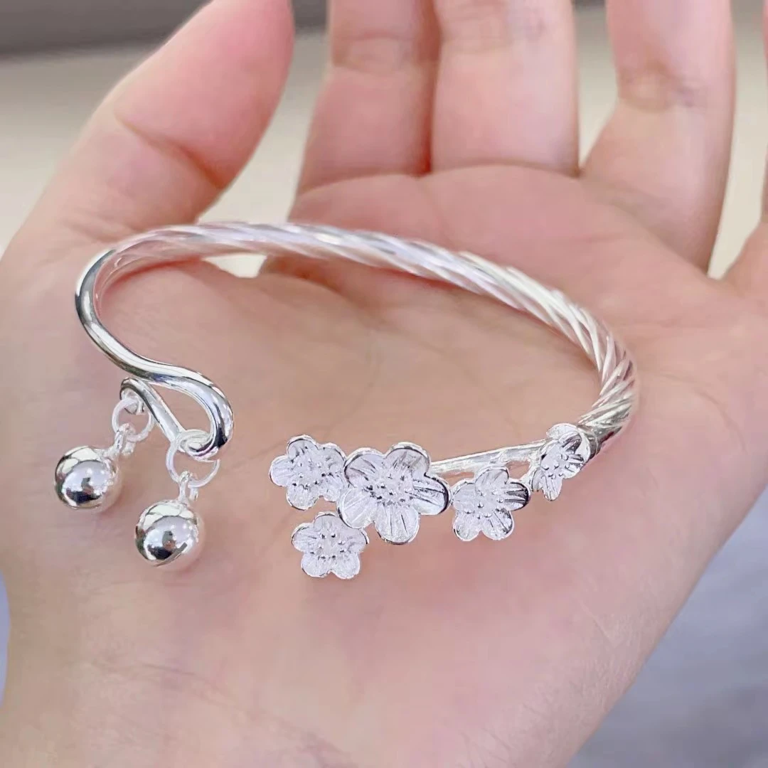 足银手镯 足银手镯梅花铃铛999.9新中式国风甜美灵动开口银镯子