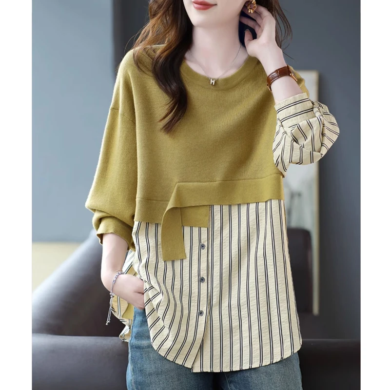 圆领针织拼接条纹假两件衬衫2024春秋季新款长袖设计感上衣