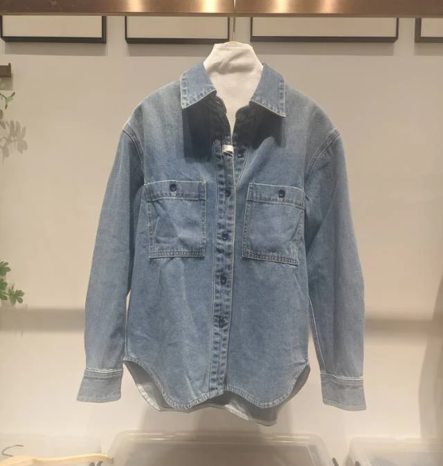 纯棉双口袋牛仔长袖翻领衬衫