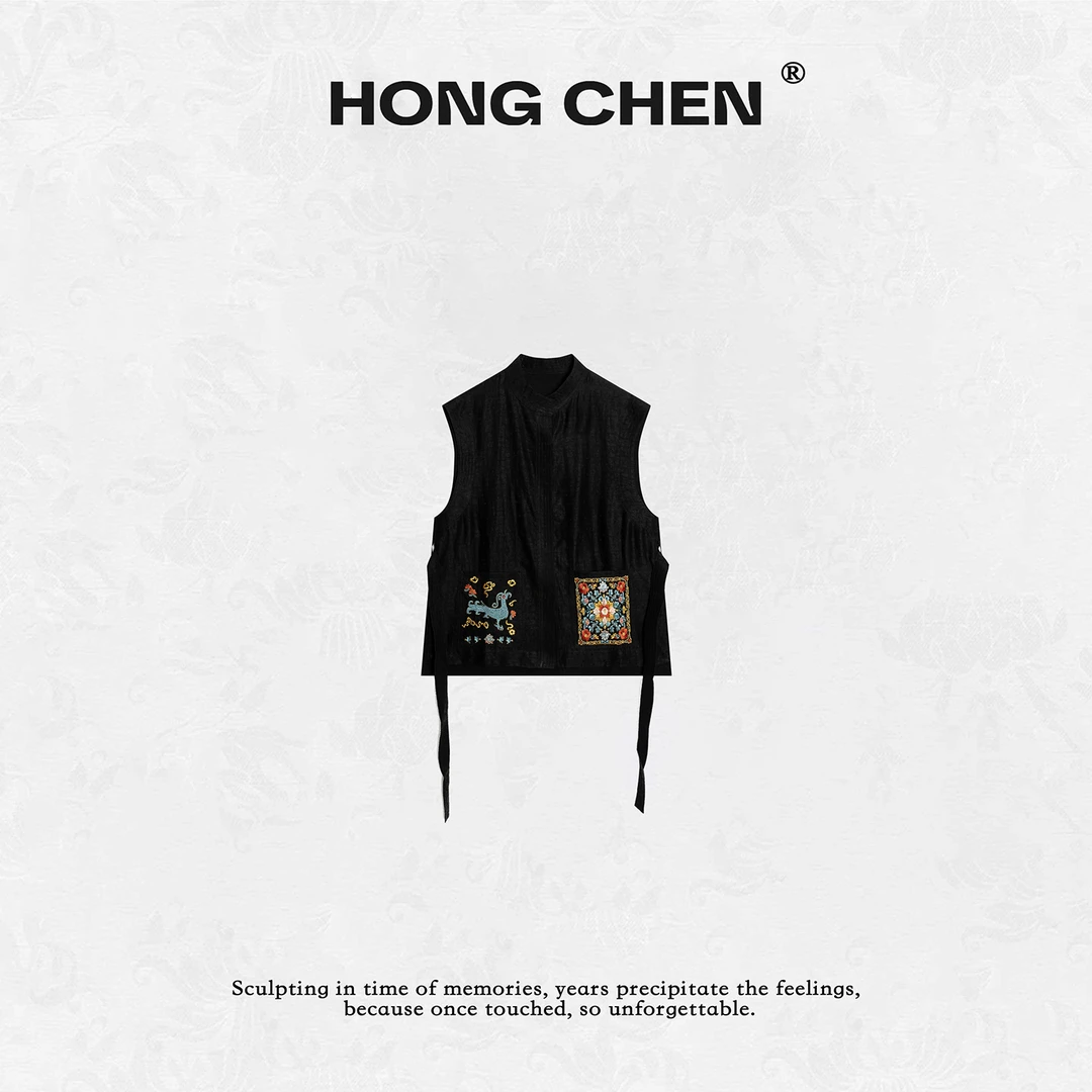 【虹辰·香云纱】高端时尚桑蚕丝撞色刺绣气质收腰高级感马夹-HC2397