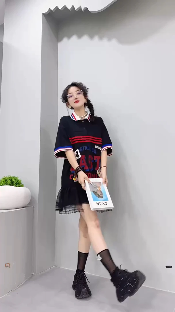 欧货连衣群女2025夏季新款个性字母印花宽松网纱假两件T恤裙