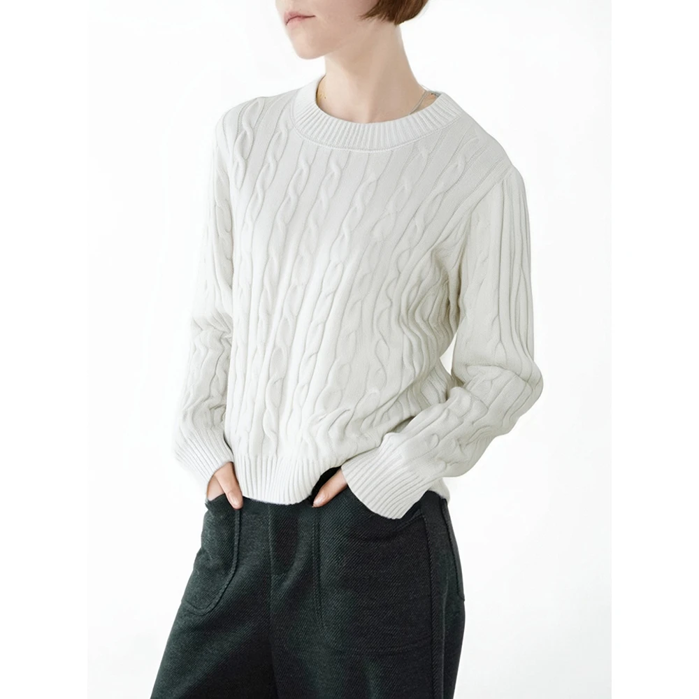 法式高级感白色毛衣女秋冬宽松外穿慵懒风圆领针织衫复古麻花上衣