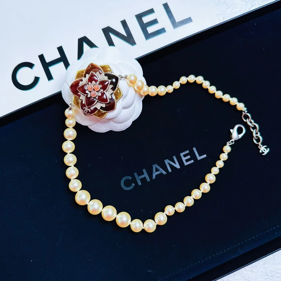 95新 Chanel/香奈儿 柚礼中古/香奈儿棕色山茶花珍珠项链CV501014
