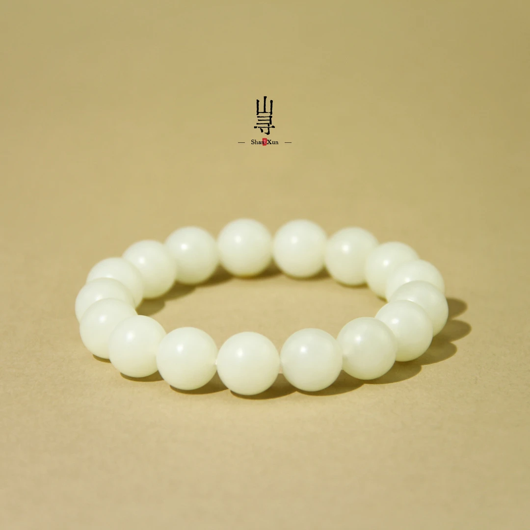 天然新疆和田玉且末老熟料凝脂白玉手串12mm圆珠单圈