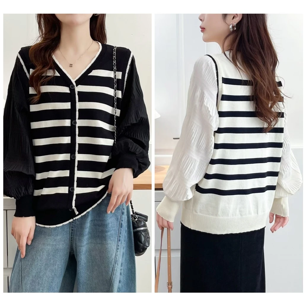 100-190斤微胖大码女装胖mm洋气显瘦百搭袖子拼接条纹针织衫开衫