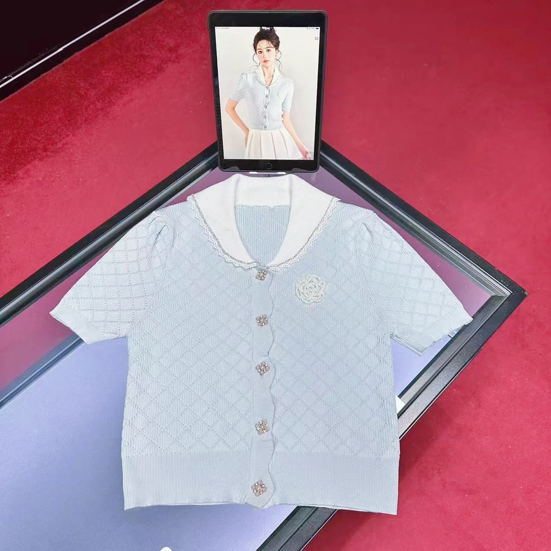 G660新款时尚山茶花针织短袖气质休闲夏季轻奢设计师