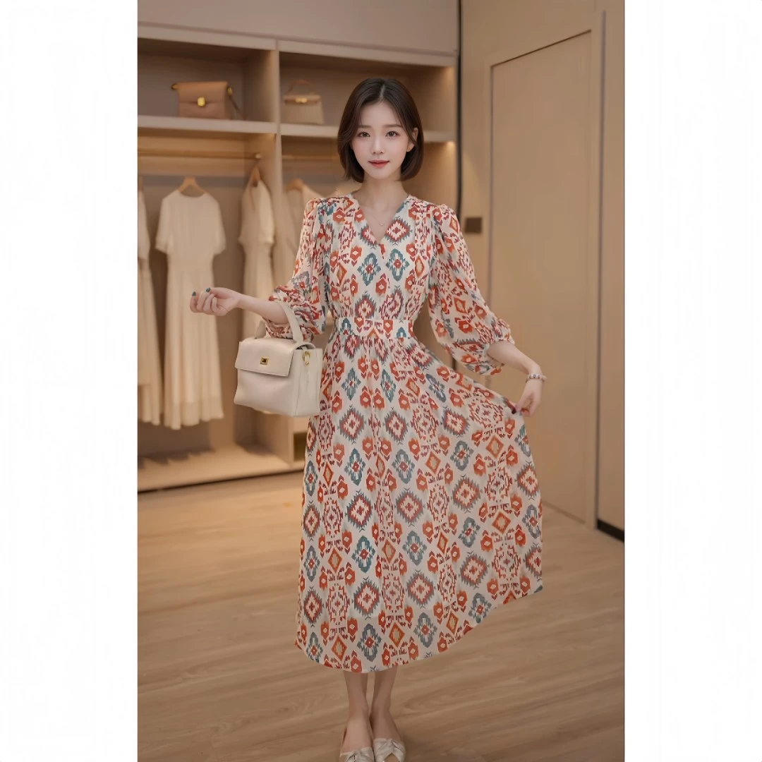 加州阳光欧若风波西米亚度假夏季气质显瘦连衣裙中长款