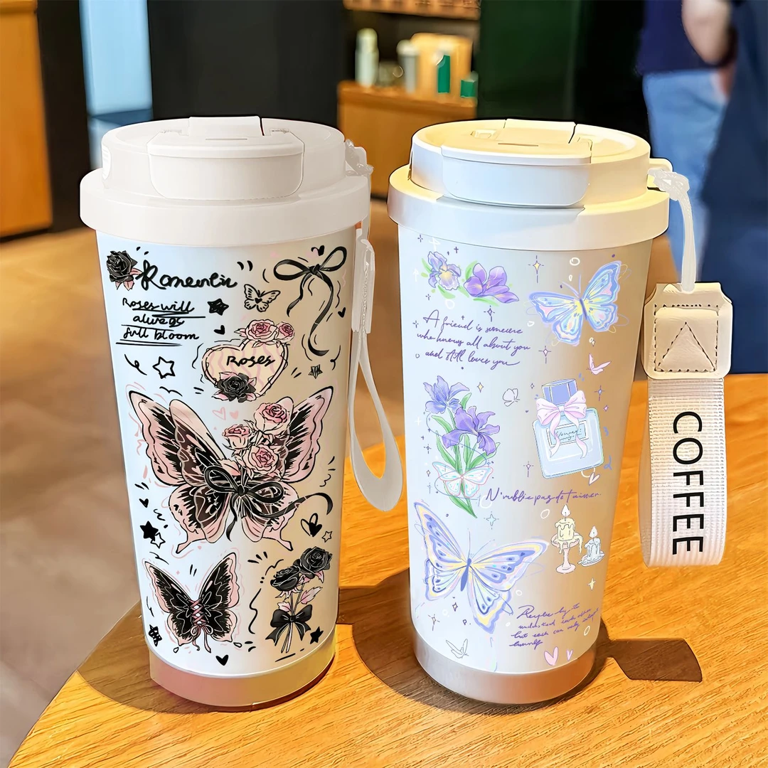 琳漾纯欲蝴蝶新款大容量水杯2025学生吸管双饮保温杯咖啡杯男女