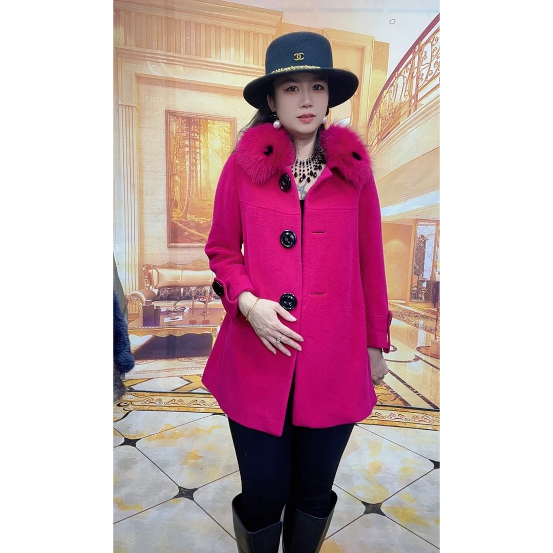 818秋冬新款女装时尚气质中长款毛领毛呢大衣外套大衣