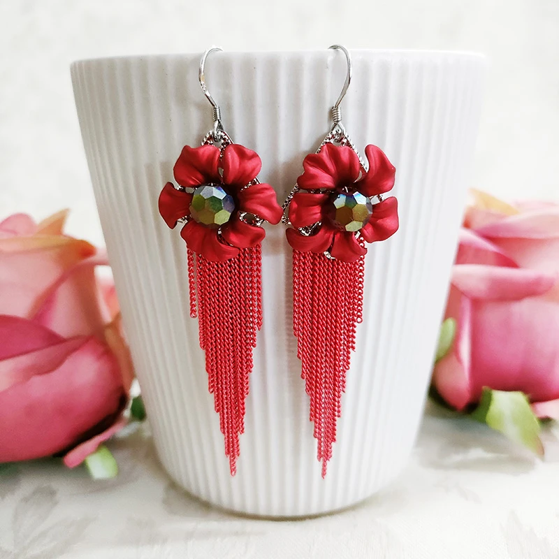 铜合金耳饰 民族风手工气质花瓣流苏耳环3368