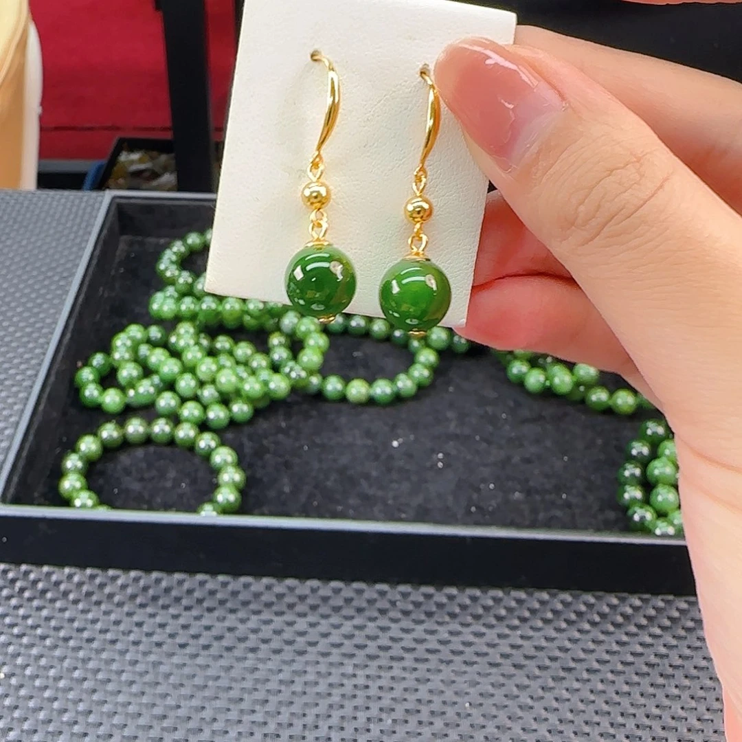 颈饰银S925镶嵌和田玉碧玉单珠耳环