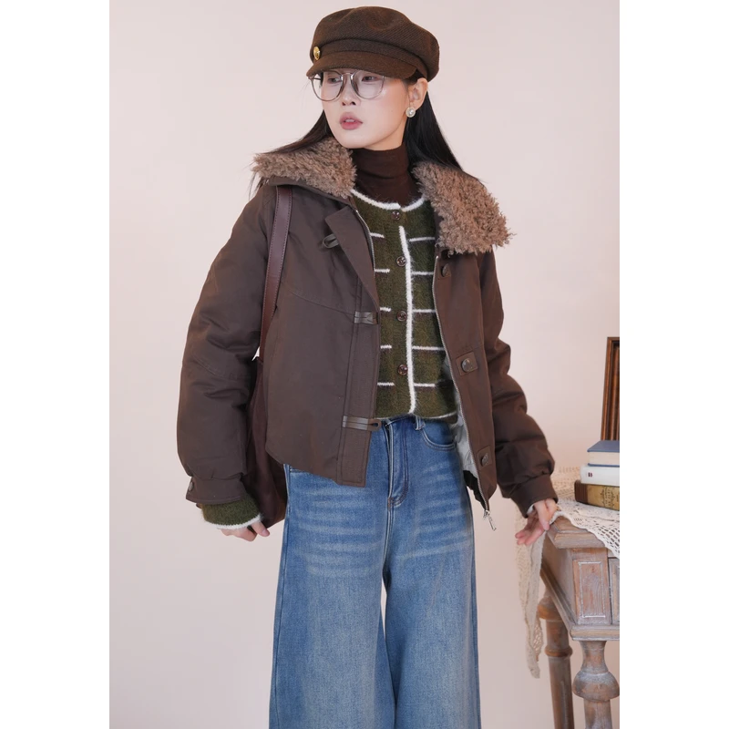 百武西“冰岛际遇”法式文艺可脱卸毛领棉服外套9197