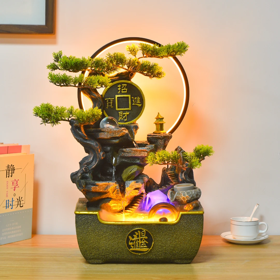 聚宝盆桌面循环水流水摆件水轮雾化适用于办公桌酒店前台收银台