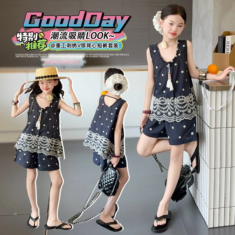 【甜野家】蓝调女孩女童波点刺绣流苏背心短裤两件套2025夏季中大童
