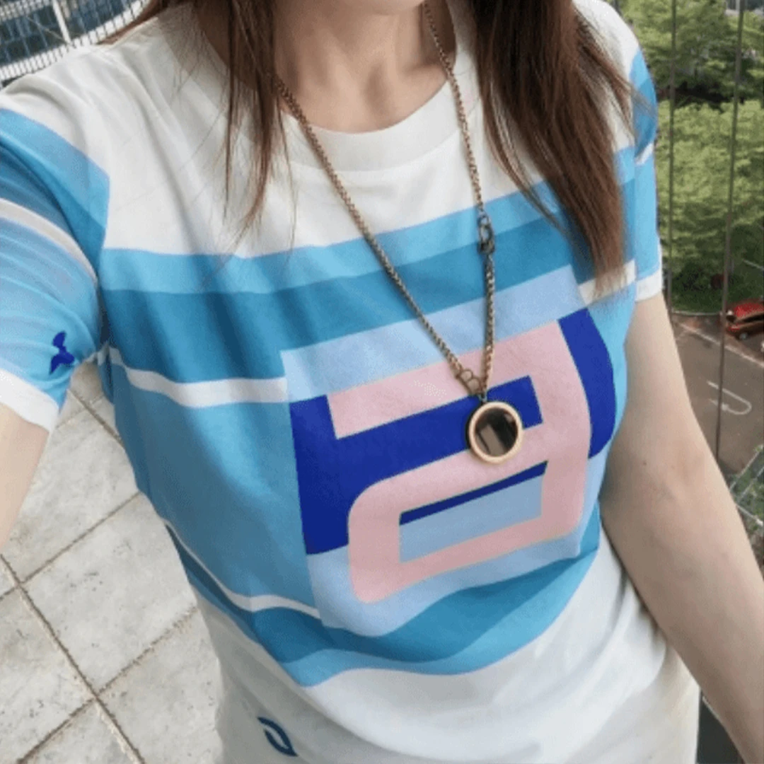 条纹数字印花大码圆领夏季轻薄网纱洋气双层短袖女T恤上衣1528