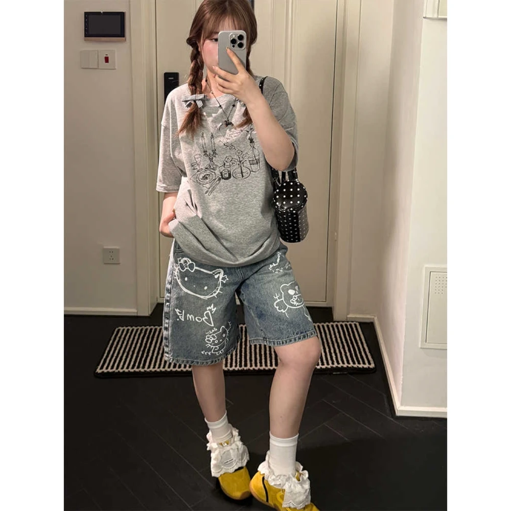 大码美式复古可爱涂鸦宽松牛仔裤女2025春季新款高腰显瘦阔腿裤子