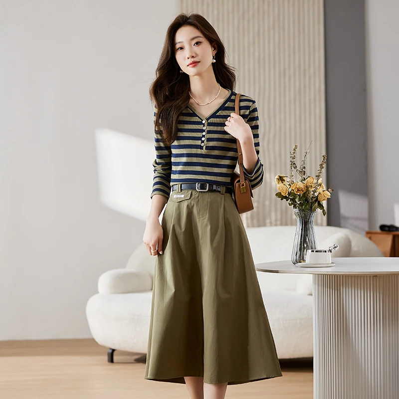 新款秋季气质m媛条纹上衣配半裙时尚两件套配腰带CY9907