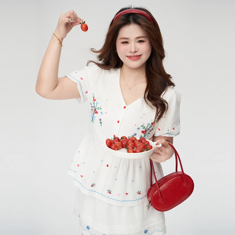 【浮花轶事】大头婷微胖夏季棉麻衬衫重工十字绣绣花V领短袖上衣