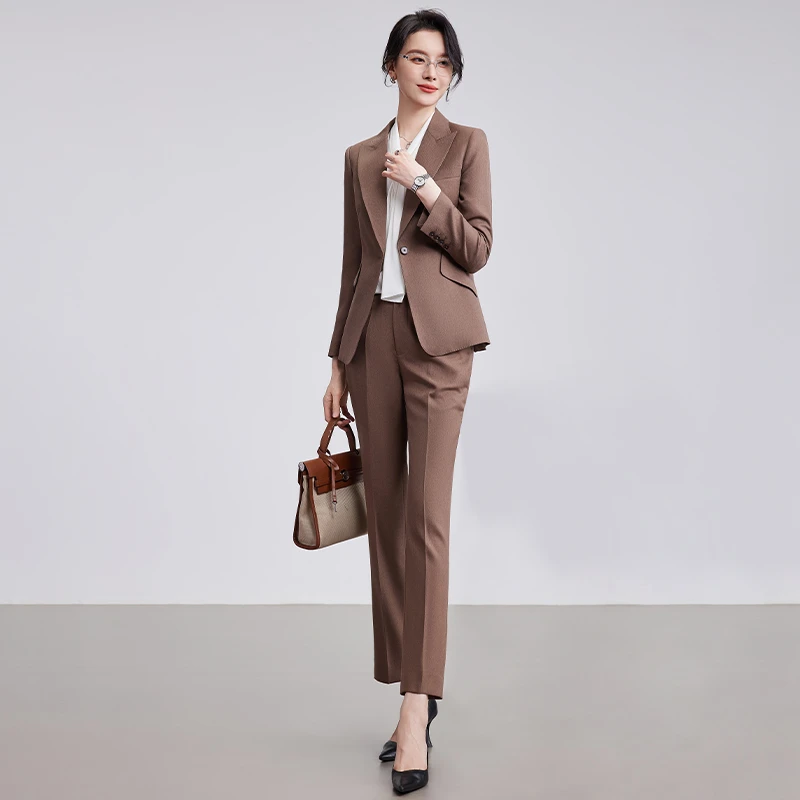 SHILUYA/诗璐雅卡其色长袖西装套装女干练高级感职业装通勤工作服