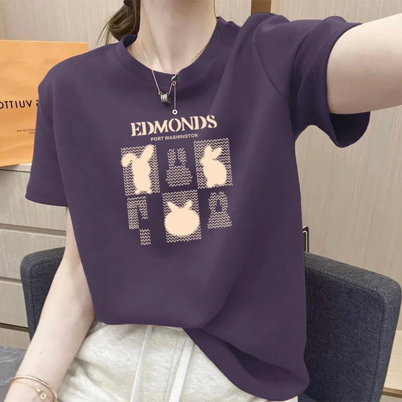 短袖t恤女夏季薄款正肩圆领百搭宽松显瘦新款百搭上衣体恤ins紫色