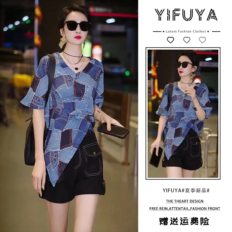 气质时尚高级感印花轻薄上衣夏季爆款减龄显白T恤显瘦洋气衣服女