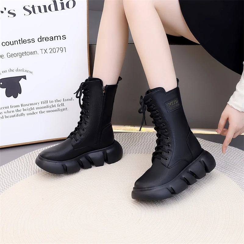 真皮厚底马丁靴女英伦2025秋冬时尚保暖中筒新款棉靴软底加绒靴子