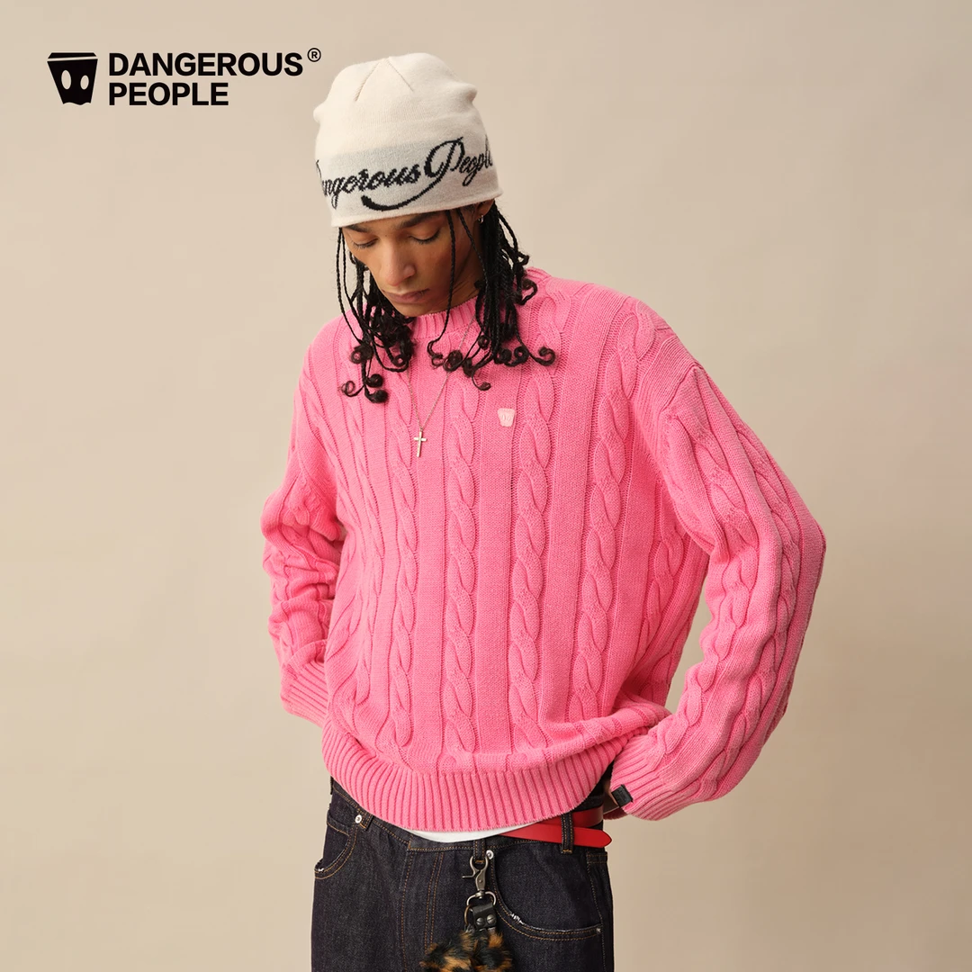 Dangerouspeople薛之谦dsp粉色立体扭花针织衫冬季百搭全棉毛衣