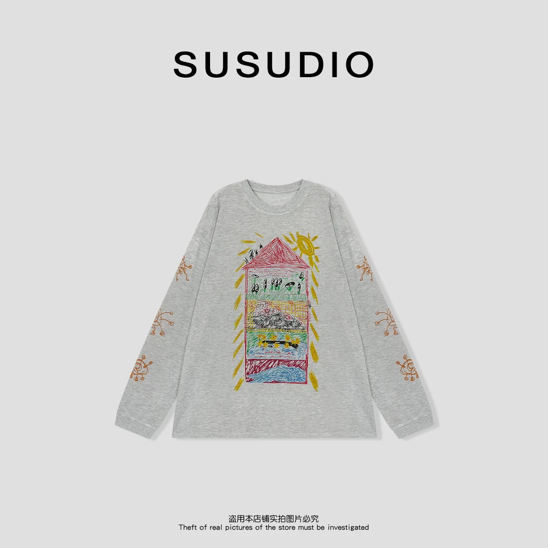 SUSUDIO 莱赛尔 圆领手绘涂鸦柔滑轻盈宽松落肩显瘦T恤 10327