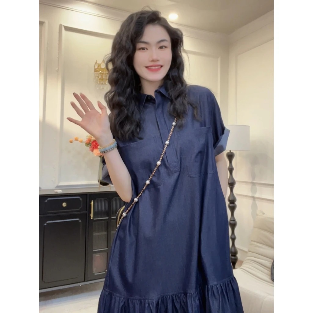 牛仔拼接荷叶边连衣裙翻领短袖长裙子夏季