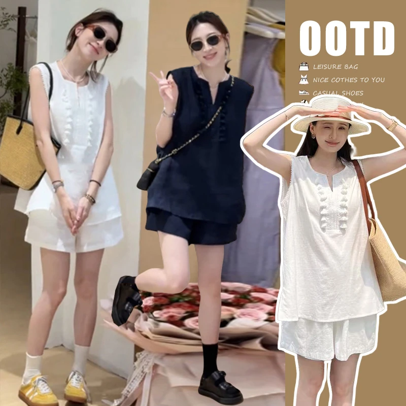 孕妇装2025夏季新款法式洋气休闲无袖上衣百搭减龄阔腿短裤孕妇装
