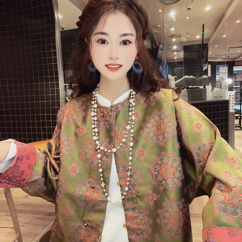 【有凤来仪】新中式气质复古圆领手工扣异色罗宋锦长袖双面穿上衣FC