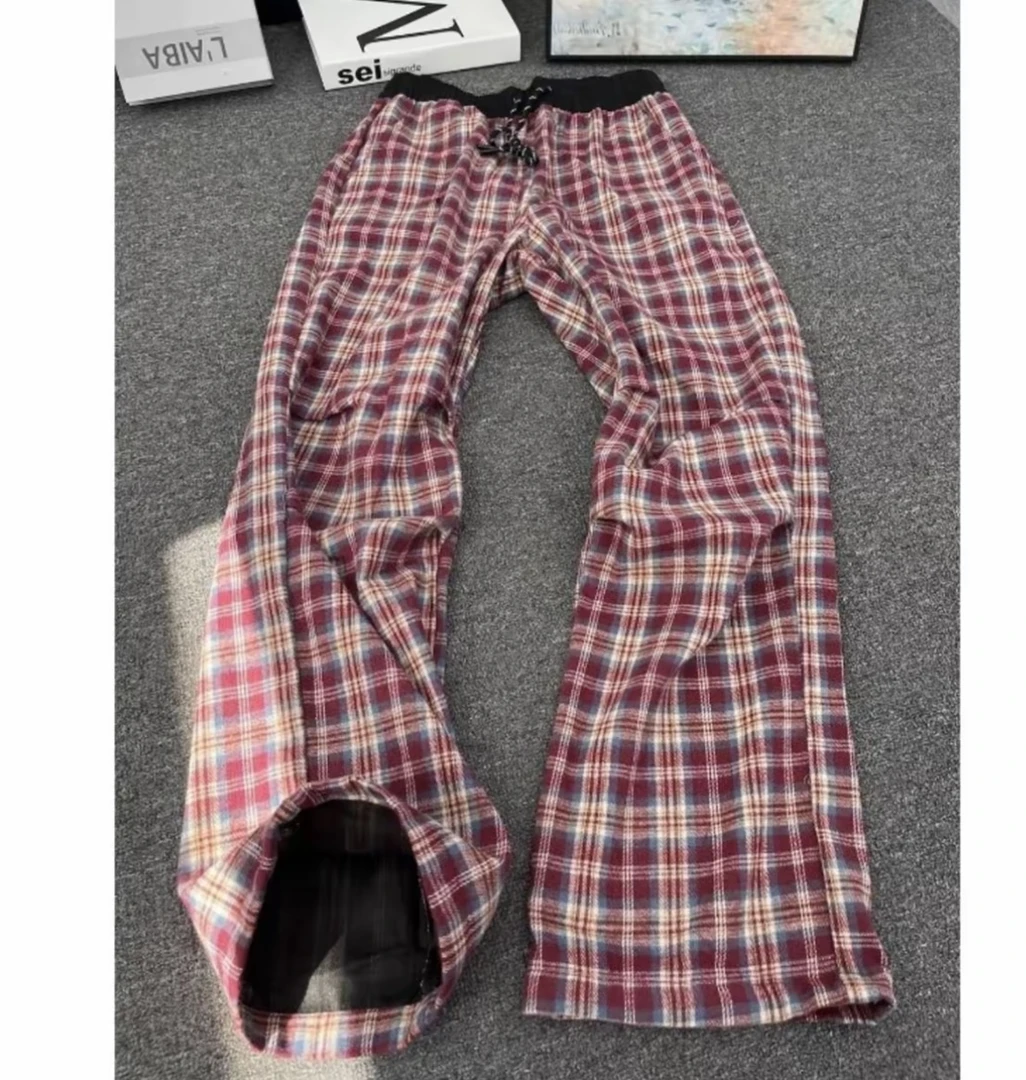 美式复古红色格子裤男cleanfit褶皱撞色早秋裤子微喇薄款直筒长裤