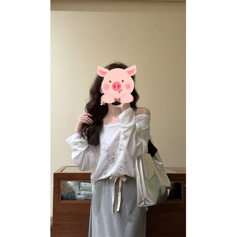 韩系减龄小狗印花斜肩长袖T恤女装夏季高腰垂感休闲半身裙两件套