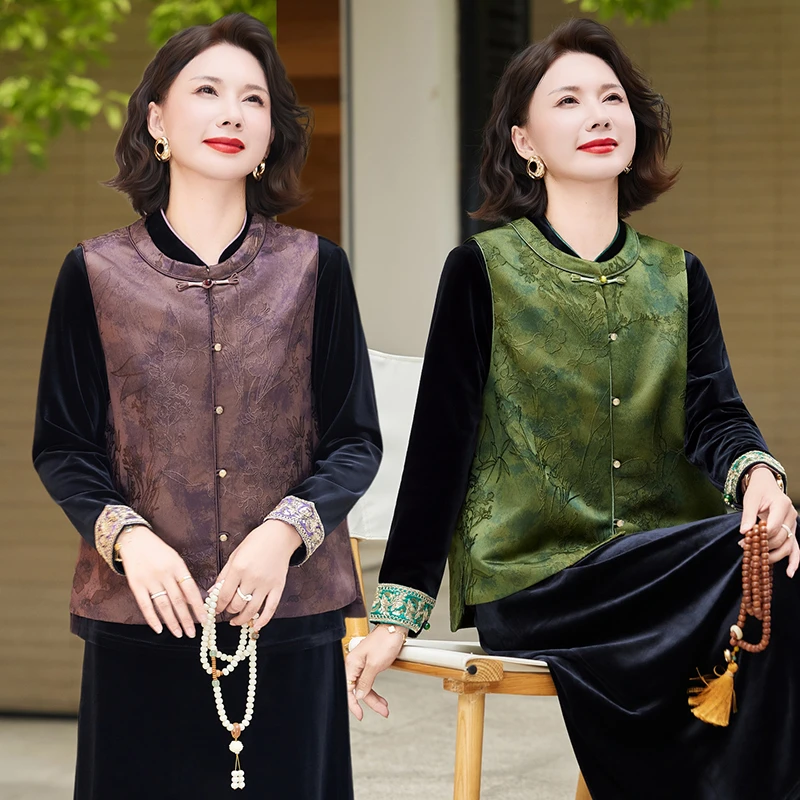 妈妈秋装套装2025新款阔太太中式国风唐装上衣中老年女春秋三件套