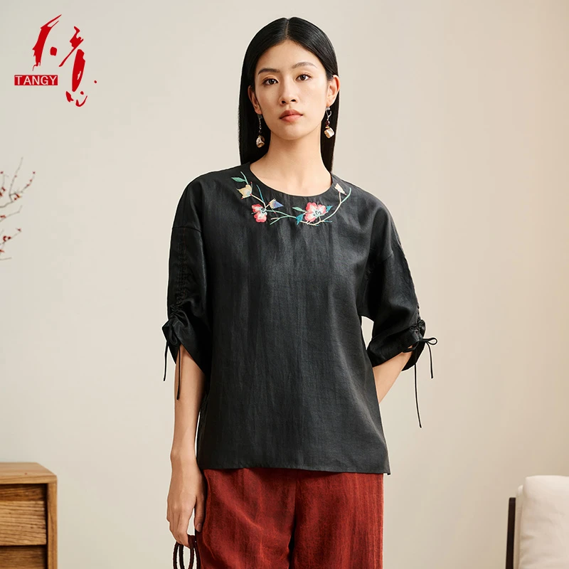 TANGY/天意2025春季新款商场同款民族风简约复古绣花女T恤2251020