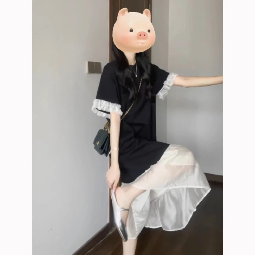 设计感黑色短袖连衣裙子女夏季2025新款宽松显瘦法式拼接鱼尾长裙