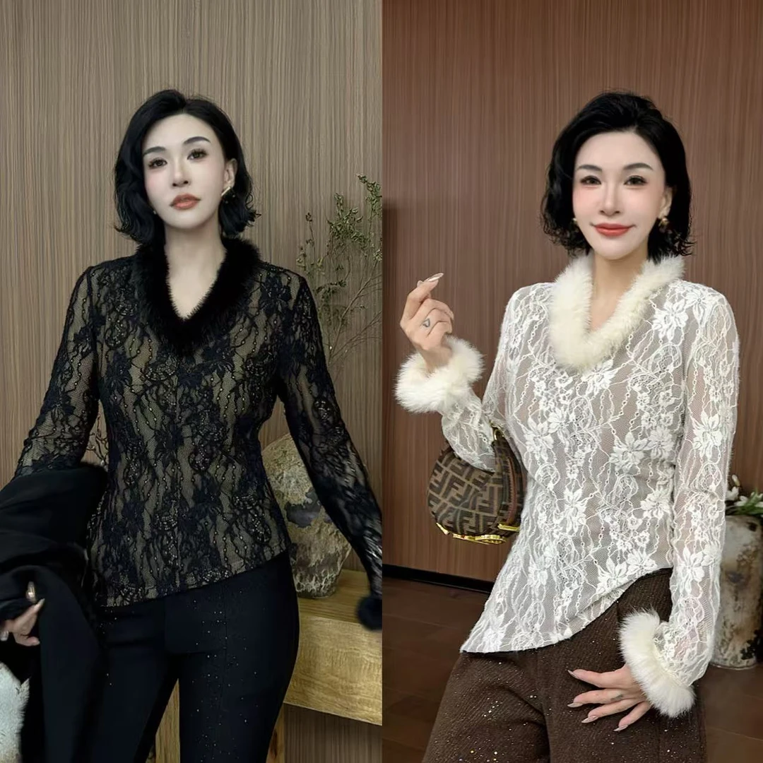 SONG-原创【蕾丝星夜】设计师新款时尚高级感'兔毛'显瘦百搭上衣