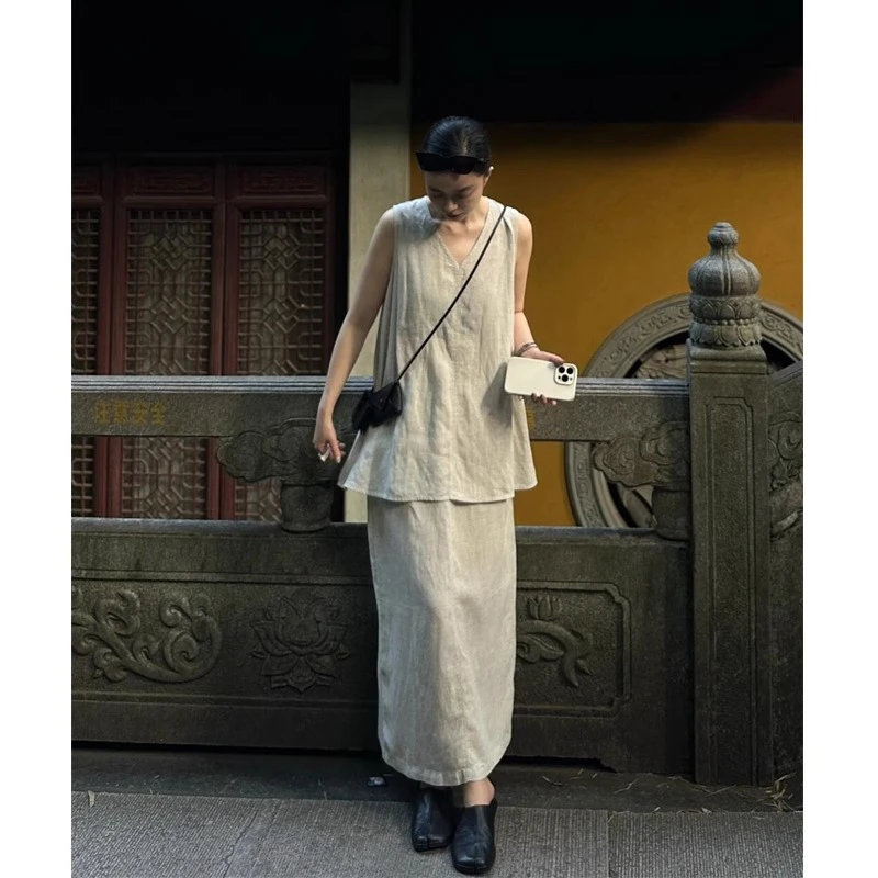 夏季无袖上衣松弛感原色亚麻套装裙女开叉半身裙禅意清冷感两件套