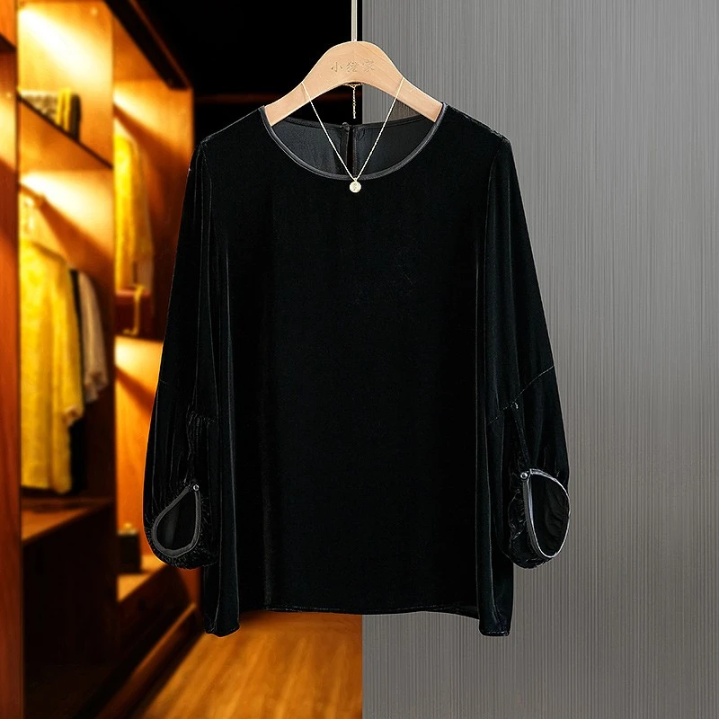 清仓！深圳南油真丝丝绒柔滑上衣圆领灯笼袖桑蚕丝绸缎丝滑衬衫