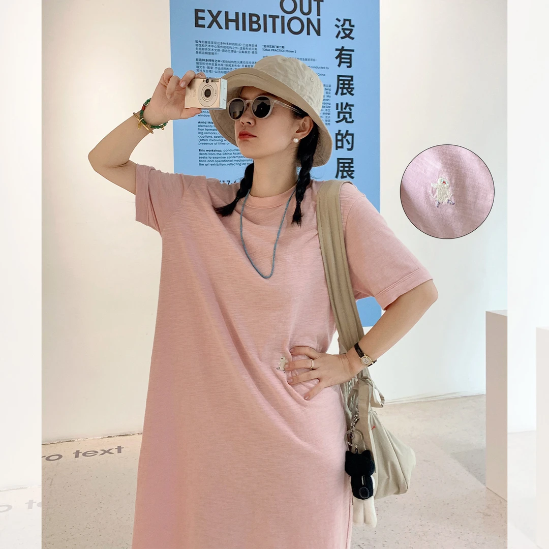 莉贝琳sisyT恤连衣裙女全棉竹节肌理绣花直筒短袖长裙S25206DS04