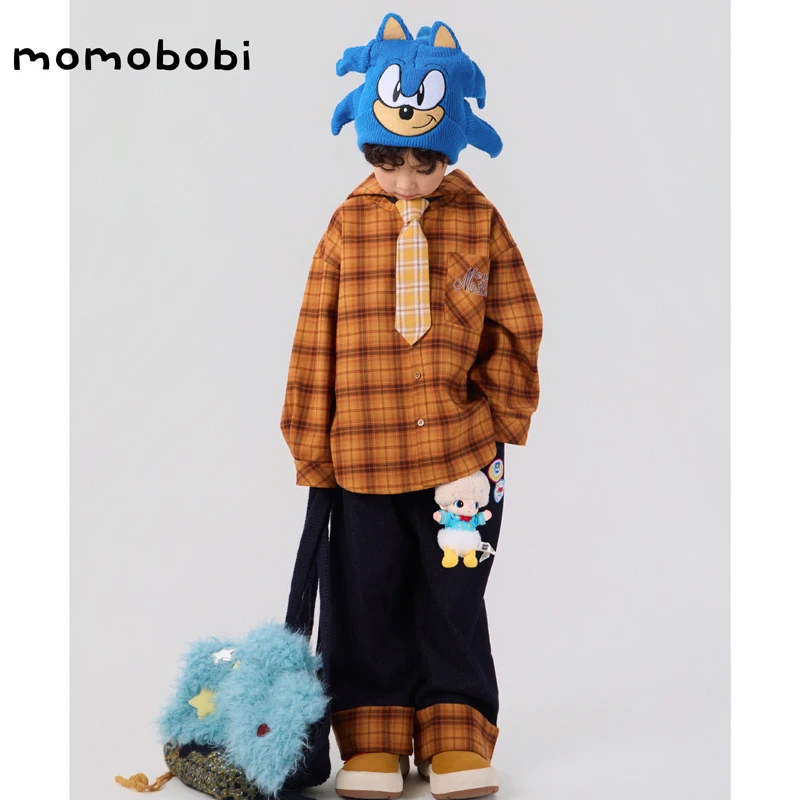 momobobi自制新款儿童衬衫韩版个性刺绣字母连帽上衣百搭卫衣潮流