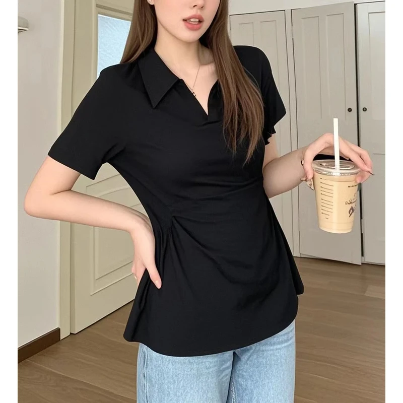 大码胖MM时尚翻领女装T恤夏季新款洋气百搭显瘦上衣