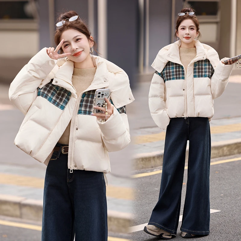 短款羽绒服女2025冬季新款小个子高级感减龄时尚洋气格子拼接外套