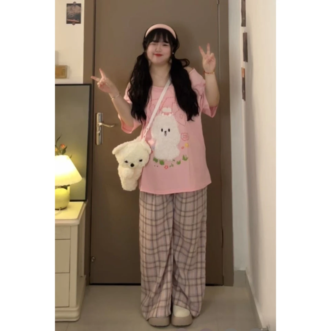 奶系甜妹艺术生多巴胺毛绒小狗刺绣可爱短袖T恤宽松露肩上衣套装