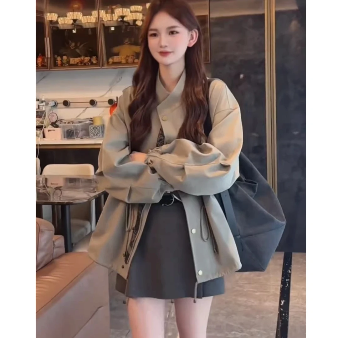 韩系复古超好看立领工装外套女秋季新款高级感宽松休闲中长款风衣