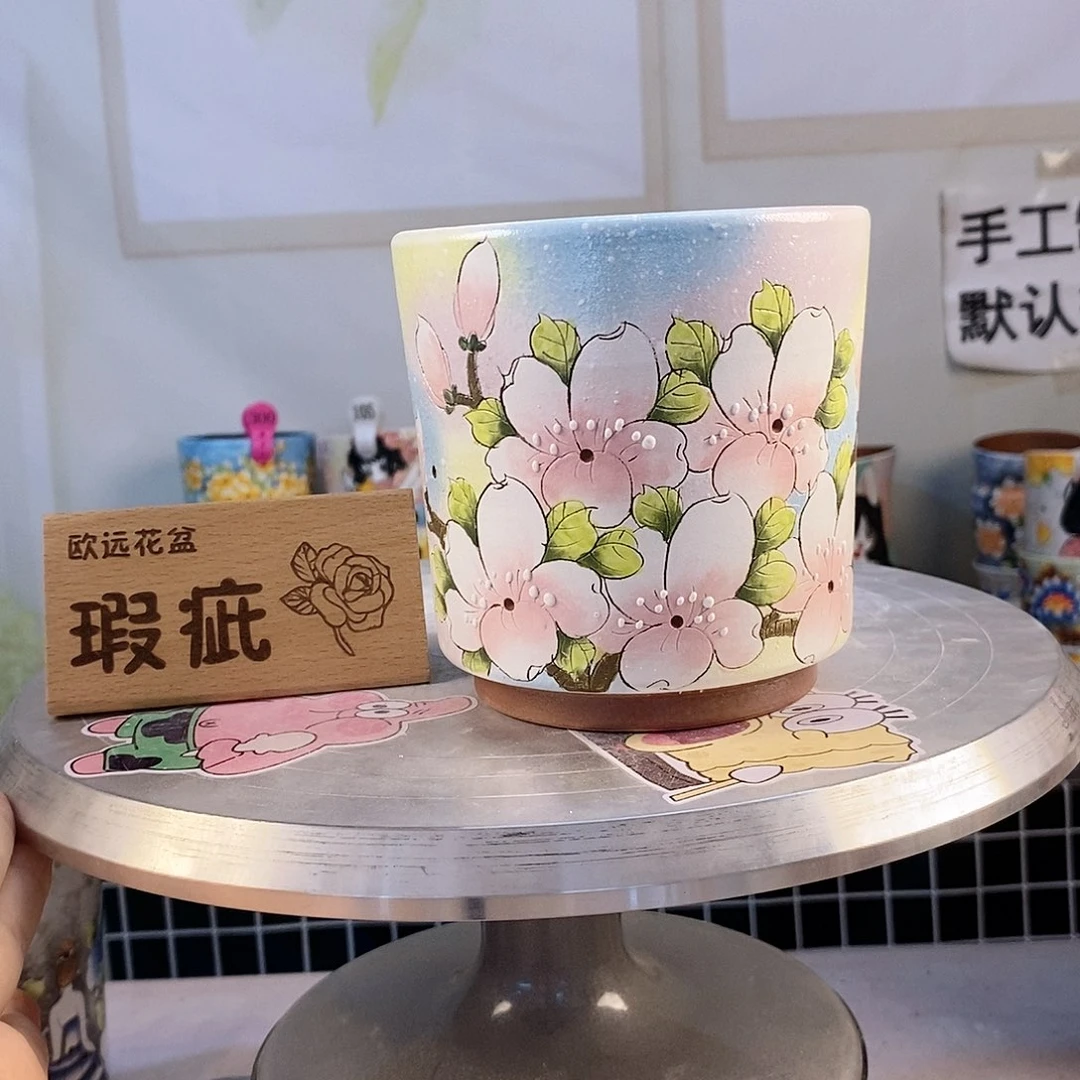 紫砂花盆红陶手绘花盆